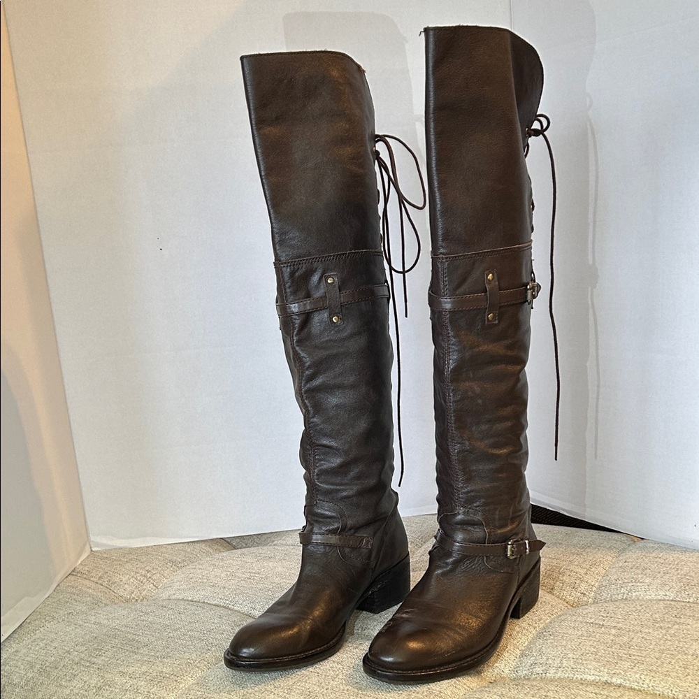 BCBG GENERATION ADRICE BROWN LEATHER KNEE-HIGH BACK LACE UP SZ 8
